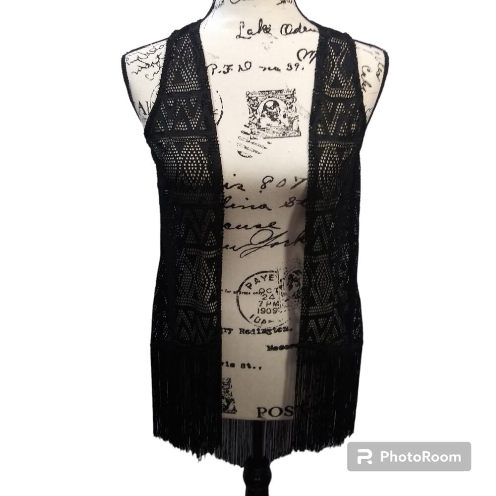 Xhilaration Black Crochet Fringe Cover Up Vest Festival Beach Size XS NWT